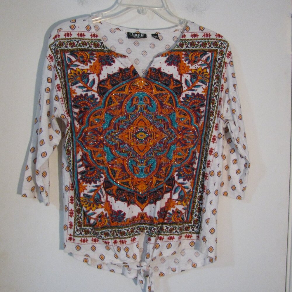 Onque Casual Colorful Top PM Petite Medium Orange White Bling Rhinestones